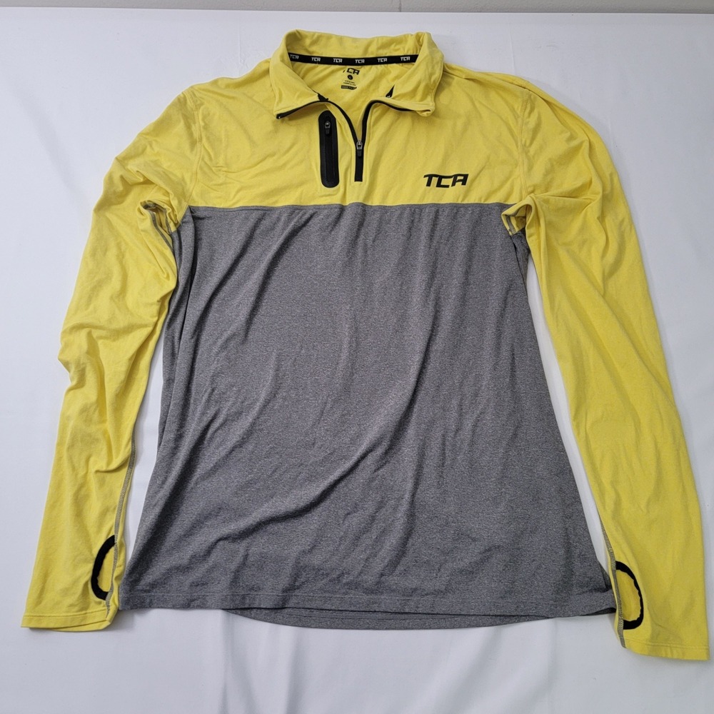 TCA Half-Zip Pullover Running Top‎ Thumb Holes Athletic Shirt Yellow Gray L